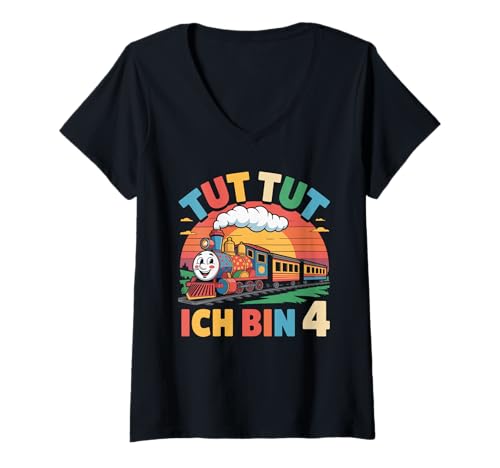 Damen TUT TUT Ich Bin 4 Lokomotive Zug T-Shirt mit V-Ausschnitt Damen TUT TUT Ich Bin 4 Lokomotive Zug T-Shirt mit V-Ausschnitt von Kinder Geburtstag Lokomotive Tut