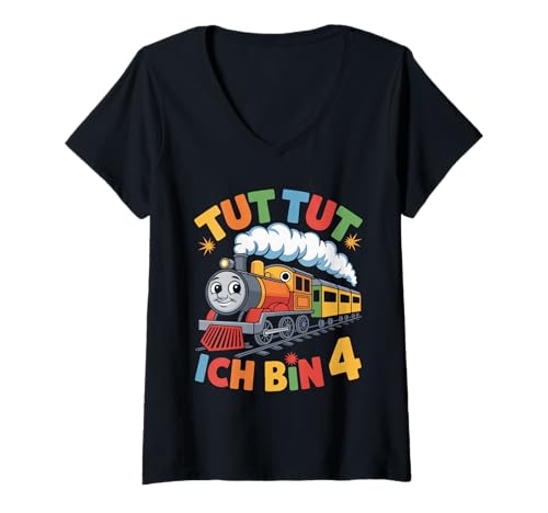 Damen TUT TUT Ich Bin 4 Lokomotive Zug T-Shirt mit V-Ausschnitt Damen TUT TUT Ich Bin 4 Lokomotive Zug T-Shirt mit V-Ausschnitt von Kinder Geburtstag Lokomotive Tut