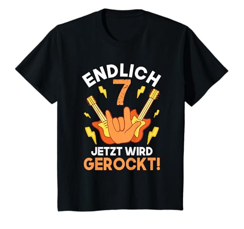 Endlich 7 Kindergeburtstag Geschenkidee Jungen und Mädchen T-Shirt von Kinder Geburtstag Rockmusik Gitarre Geschenk