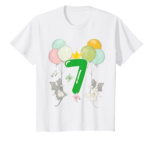 Geburtstag 7 Jahre Junge Mädchen Zahl Katzen Luftballons T-Shirt von Kinder Geburtstag mit Zahlen und lustigen Katzen