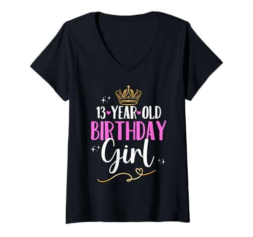 Damen Geburtstag 13 Mädchen Birthday Girl Krone Dreizehn 13 Jahre T-Shirt mit V-Ausschnitt Damen Geburtstag 13 Mädchen Birthday Girl Krone Dreizehn 13 Jahre T-Shirt mit V-Ausschnitt von Kinder Geburtstage Blumenkranz Zahl Party Outfit