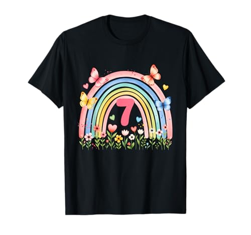 Birthday 7 Girls Rainbow Seventh 7 Years Old Outfit T-Shirt von Kinder Geburtstage Deko Regenbogen Party Mädchen