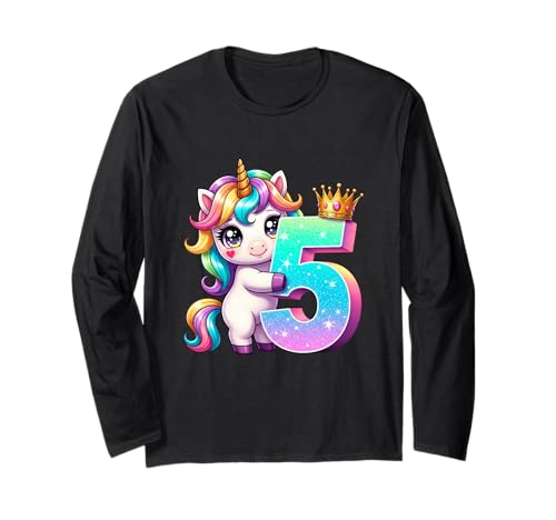 Children's Birthday 5 Girls Unicorn Fifth 5 Years Old Outfit Langarmshirt von Kinder Geburtstage Deko Regenbogen Party Mädchen