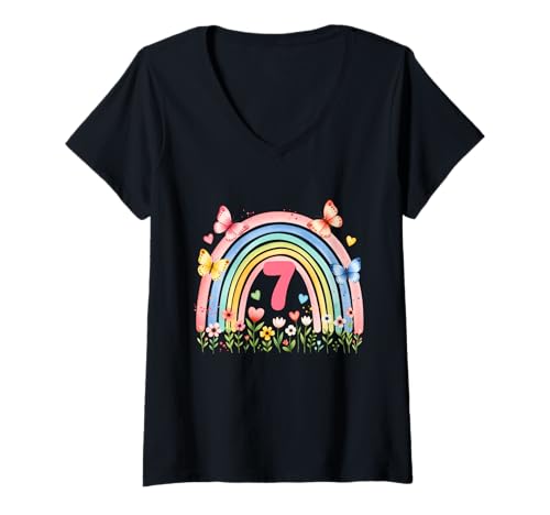Damen Birthday 7 Girls Rainbow Seventh 7 Years Old Outfit T-Shirt mit V-Ausschnitt von Kinder Geburtstage Deko Regenbogen Party Mädchen