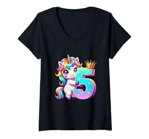 Damen Children's Birthday 5 Girls Unicorn Fifth 5 Years Old Outfit T-Shirt mit V-Ausschnitt von Kinder Geburtstage Deko Regenbogen Party Mädchen