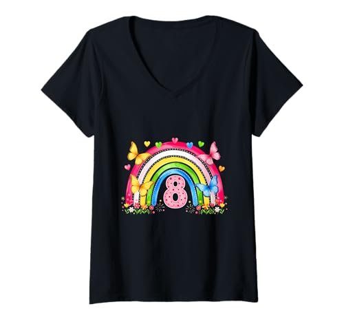 Damen Children's Birthday 8 Girls Rainbow Eighth 8 Years Old Outfi T-Shirt mit V-Ausschnitt von Kinder Geburtstage Deko Regenbogen Party Mädchen