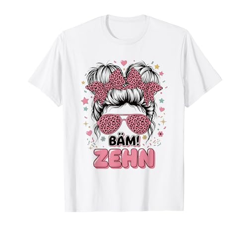 Kids Birthday 10 Girls Messy Bun Bäm Tenth 10 Years Old T-Shirt von Kinder Geburtstage Deko Regenbogen Party Mädchen