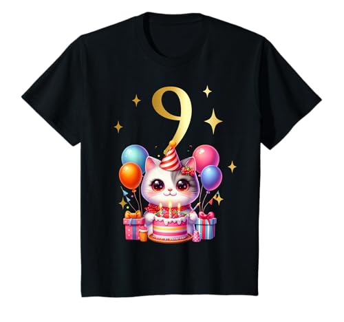 Geburtstag 9 Mädchen Birthday Girl Katze Neun 9 Jahre T-Shirt von Kinder Geburtstage Katzen Party Zahl Süß Outfit