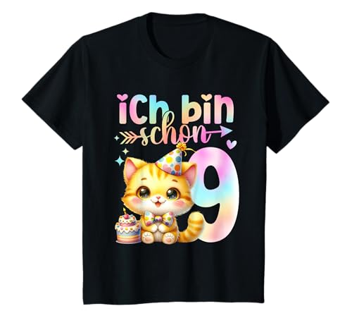 Geburtstag 9 Mädchen Birthday Girl Katze Neun 9 Jahre T-Shirt von Kinder Geburtstage Katzen Party Zahl Süß Outfit