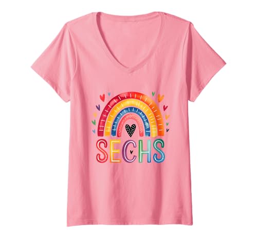 Damen Kinder Geburtstag 6 Mädchen Regenbogen Fee Sechster 6 Jahre T-Shirt mit V-Ausschnitt von Kinder Geburtstage Regenbogen bunt mit Herzen