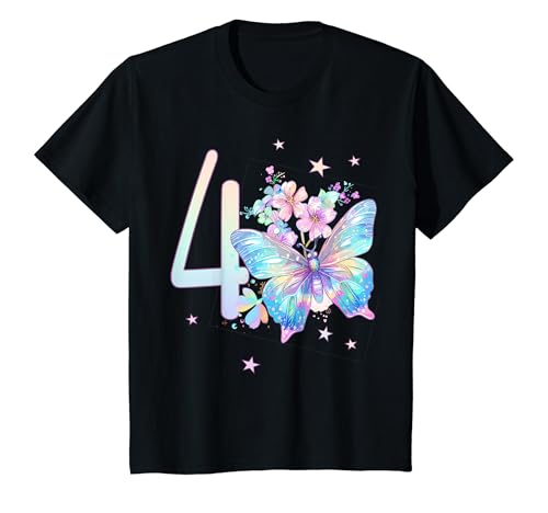 Kinder Geburtstag 4 Mädchen Schmetterling Vier 4 Jahre T-Shirt von Kinder Geburtstage Schmetterling Fee Party Outfit