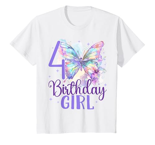 Kinder Geburtstag 4 Mädchen Schmetterling Vier 4 Jahre T-Shirt von Kinder Geburtstage Schmetterling Fee Party Outfit