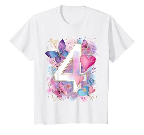 Kinder Geburtstag 4 Mädchen Schmetterling Vier Jahre T-Shirt von Kinder Geburtstage Schmetterling Fee Party Outfit