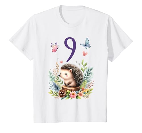 Kinder Geburtstag 9 Igel Waldtier Mädchen Neun 9 Jahre T-Shirt von Kinder Geburtstage Schmetterling Fee Party Outfit