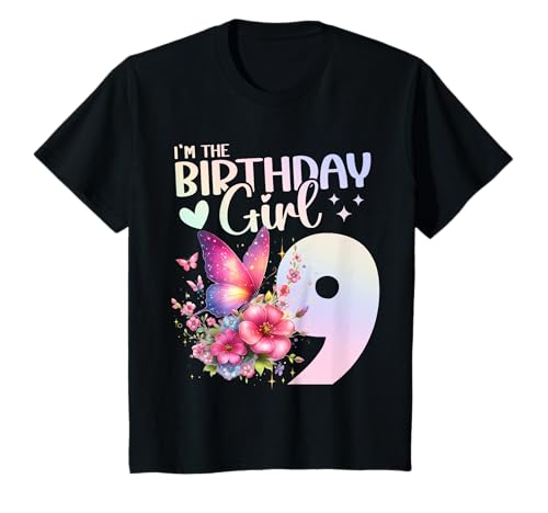 Geburtstag 9 Mädchen Schmetterling Neun 9 Jahre T-Shirt von Kinder Geburtstage Schmetterling Fee Party Outfit