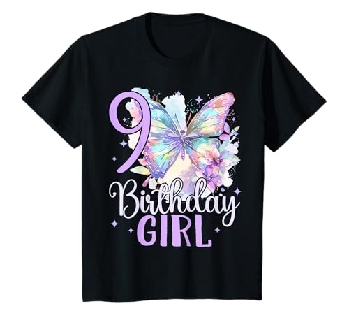 Kinder Geburtstag 9 Mädchen Schmetterling Neun 9 Jahre T-Shirt von Kinder Geburtstage Schmetterling Fee Party Outfit