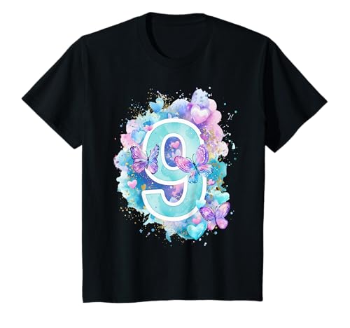 Kinder Geburtstag 9 Mädchen Schmetterling Neun 9 Jahre T-Shirt von Kinder Geburtstage Schmetterling Fee Party Outfit