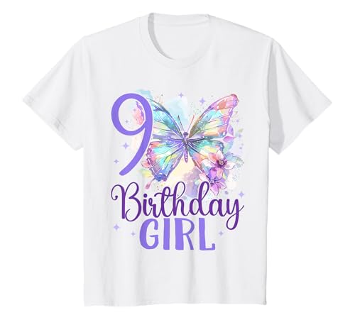 Kinder Geburtstag 9 Mädchen Schmetterling Neun 9 Jahre T-Shirt von Kinder Geburtstage Schmetterling Fee Party Outfit