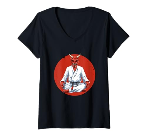Damen Jiu Jitsu MMA Oni Dämon T-Shirt mit V-Ausschnitt von Kinder-Jiu-Jitsu-Bekleidung