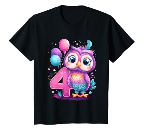 Kinder Geburtstag 4 Eule Vierter Geburtstag Mädchen 4 Jahre alt T-Shirt von Kinder Mädchen Geburtstag Eule Waldtiere
