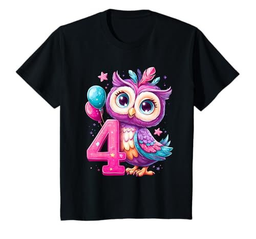 Kinder Geburtstag 4 Eule Vierter Geburtstag Mädchen 4 Jahre alt T-Shirt von Kinder Mädchen Geburtstag Eule Waldtiere