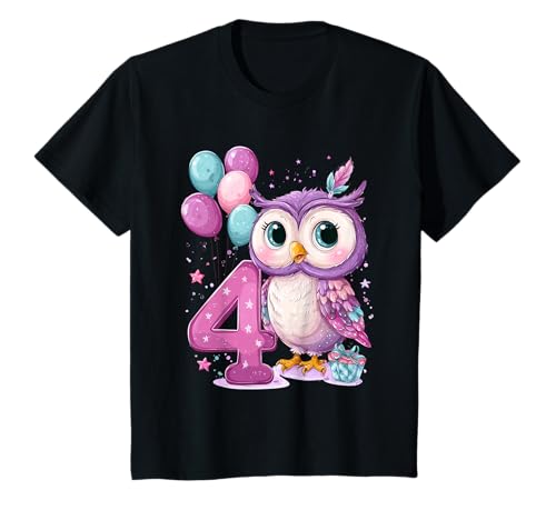 Kinder Geburtstag 4 Eule Vierter Geburtstag Mädchen 4 Jahre alt T-Shirt von Kinder Mädchen Geburtstag Eule Waldtiere