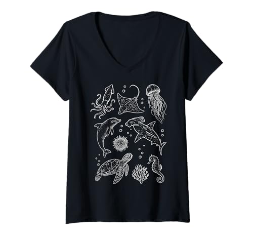 Damen Ozean Meerestiere Vintage Wal Fisch T-Shirt mit V-Ausschnitt Damen Ozean Meerestiere Vintage Wal Fisch T-Shirt mit V-Ausschnitt von Kinder Natur Aquarium Taucher Schnorchler