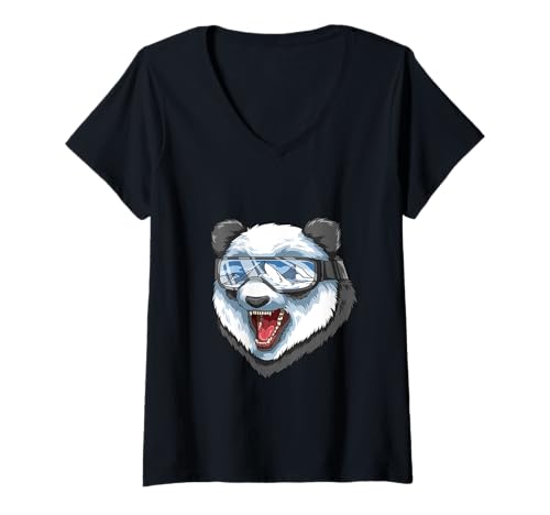 Damen Ski Snowboard Panda T-Shirt mit V-Ausschnitt Damen Ski Snowboard Panda T-Shirt mit V-Ausschnitt von Kinder Ski Panda T-Shirts