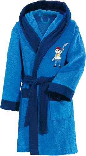 Erwin Müller Kinder-Bademantel mit Kapuze Frottier blau Größe 98/104 - hochwertiger Stickmotiv Pirat, mit Taschen und Bindegürtel (weitere Größen) von Erwin Müller