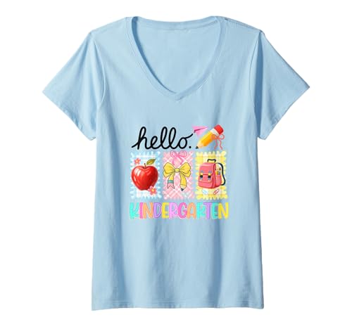 Damen Hello Kindergarten Apple Pencil Rucksack T-Shirt mit V-Ausschnitt Damen Hello Kindergarten Apple Pencil Rucksack T-Shirt mit V-Ausschnitt von Kindergarten Apple Pencil Backpack Fun