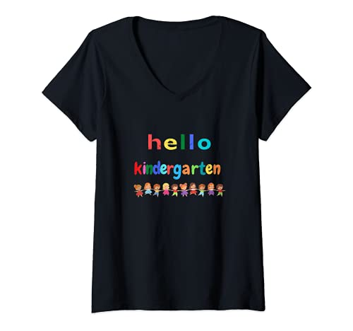 Damen Bunter Schulanfang Hello Kindergarten Student T-Shirt mit V-Ausschnitt von Kindergarten Back To School Student
