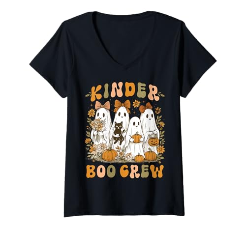 Damen Kinder Boo Crew Kindergarten Lehrer Halloween Floral Ghost T-Shirt mit V-Ausschnitt Damen Kinder Boo Crew Kindergarten Lehrer Halloween Floral Ghost T-Shirt mit V-Ausschnitt von Kindergarten Boo Crew Teacher Wildflower Women Kid