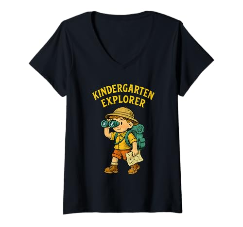 Damen Schauen Sie Sich den Kindergarten Hier an: Explorer T-Shirt mit V-Ausschnitt Damen Schauen Sie Sich den Kindergarten Hier an: Explorer T-Shirt mit V-Ausschnitt von Kindergarten Explorer Store