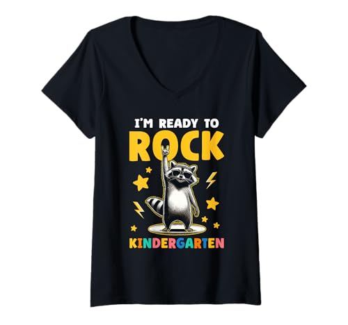 Damen Waschbär Rock Kindergarten Jungen Mädchen Kinder Lustiger Kindergarten T-Shirt mit V-Ausschnitt von Kindergarten First Day Designs