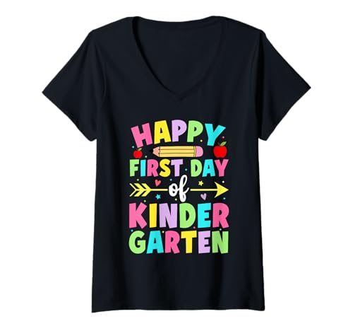 Damen Happy First Day of Kindergarten-Lehrer Kinder Back to School T-Shirt mit V-Ausschnitt Damen Happy First Day of Kindergarten-Lehrer Kinder Back to School T-Shirt mit V-Ausschnitt von Kindergarten First Day Of School Apparel