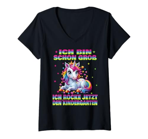 Damen Kindergarten Kita Start Anfang Kindergartenkind 2025 Einhorn T-Shirt mit V-Ausschnitt von Kindergarten Geschenk Mädchen Unicorn Einhorn