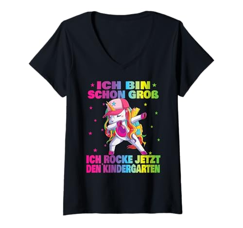 Damen Kindergarten Kita Start Anfang Kindergartenkind 2025 Einhorn T-Shirt mit V-Ausschnitt von Kindergarten Geschenk Mädchen Unicorn Einhorn