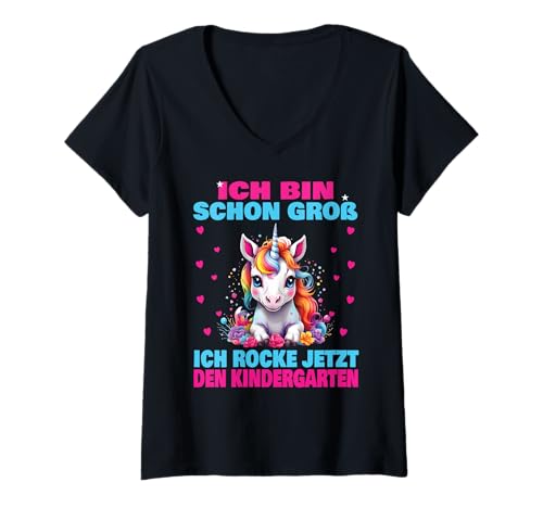 Damen Kindergarten Kita Start Anfang Kindergartenkind 2025 Einhorn T-Shirt mit V-Ausschnitt von Kindergarten Geschenk Mädchen Unicorn Einhorn