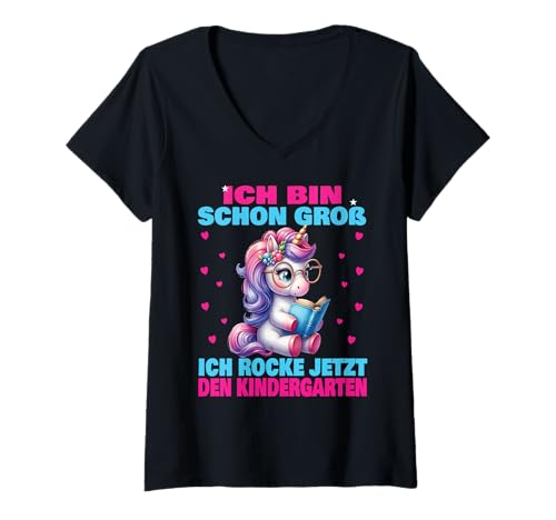 Damen Kindergarten Kita Start Anfang Kindergartenkind 2025 Einhorn T-Shirt mit V-Ausschnitt von Kindergarten Geschenk Mädchen Unicorn Einhorn