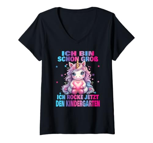 Damen Kindergarten Kita Start Anfang Kindergartenkind 2025 Einhorn T-Shirt mit V-Ausschnitt von Kindergarten Geschenk Mädchen Unicorn Einhorn