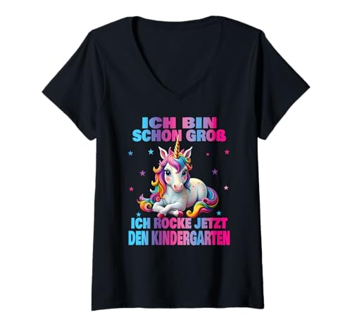 Damen Kindergarten Kita Start Anfang Kindergartenkind 2025 Einhorn T-Shirt mit V-Ausschnitt von Kindergarten Geschenk Mädchen Unicorn Einhorn