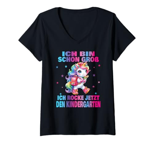 Damen Kindergarten Kita Start Anfang Kindergartenkind 2025 Einhorn T-Shirt mit V-Ausschnitt von Kindergarten Geschenk Mädchen Unicorn Einhorn
