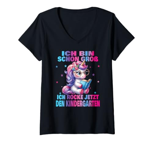 Damen Kindergarten Kita Start Anfang Kindergartenkind 2025 Einhorn T-Shirt mit V-Ausschnitt von Kindergarten Geschenk Mädchen Unicorn Einhorn