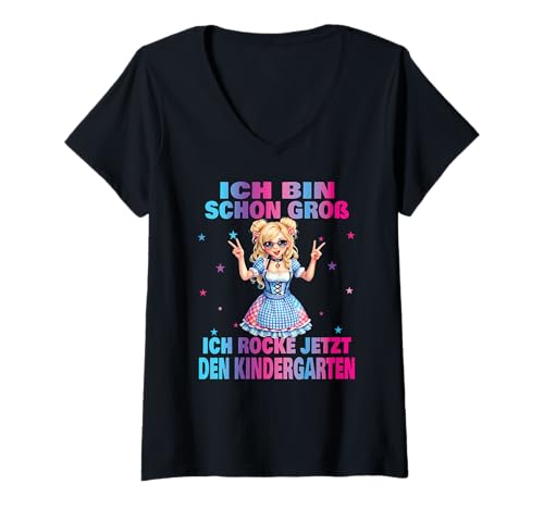Damen Kindergarten Kita Start Anfang Kindergartenkind 2025 Einhorn T-Shirt mit V-Ausschnitt von Kindergarten Geschenk Mädchen Unicorn Einhorn