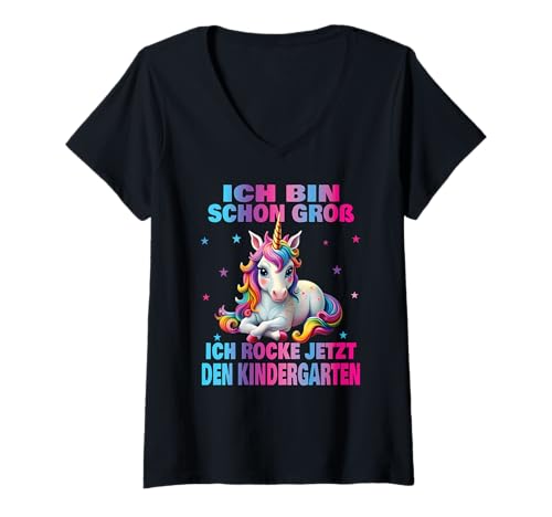 Damen Kindergarten Kita Start Anfang Kindergartenkind 2025 Einhorn T-Shirt mit V-Ausschnitt von Kindergarten Geschenk Mädchen Unicorn Einhorn