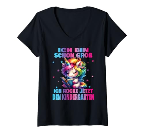 Damen Kindergarten Kita Start Anfang Kindergartenkind 2025 Einhorn T-Shirt mit V-Ausschnitt von Kindergarten Geschenk Mädchen Unicorn Einhorn