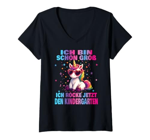 Damen Kindergarten Kita Start Anfang Kindergartenkind 2025 Einhorn T-Shirt mit V-Ausschnitt von Kindergarten Geschenk Mädchen Unicorn Einhorn