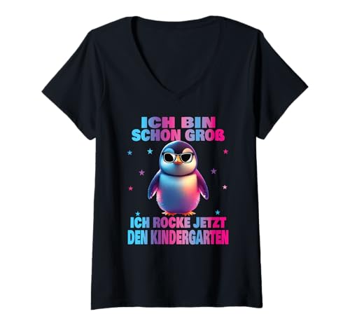 Damen Kindergarten Kita Start Anfang Kindergartenkind 2025 Pinguin T-Shirt mit V-Ausschnitt von Kindergarten Geschenk Mädchen Unicorn Einhorn