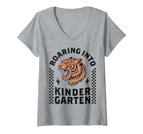 Damen Tiger, der in den Kindergarten brüllt, lustige Jungs, erster Schultag T-Shirt mit V-Ausschnitt von Kindergarten Level Unlocked Boy Girl Roaring Tiger