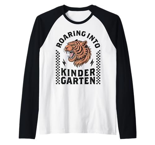 Tiger, der in den Kindergarten brüllt, lustige Jungs, erster Schultag Raglan von Kindergarten Level Unlocked Boy Girl Roaring Tiger